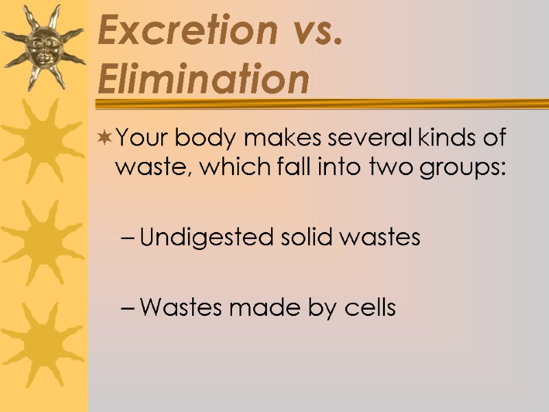 Excretion vs. Elimination Your body makes several kinds of waste, which fall into two